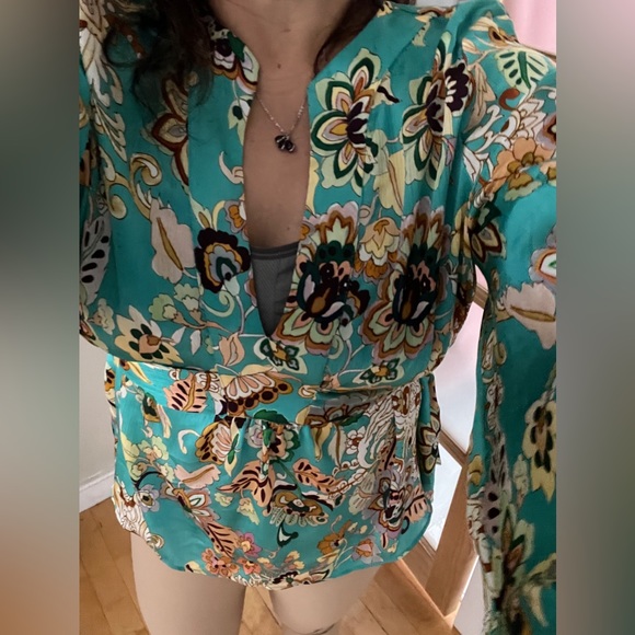 ZARA Boho Floral Kimono Oversized Blouse Top Robe Shirt Turquoise Tie Up Bow XL - Picture 10 of 16